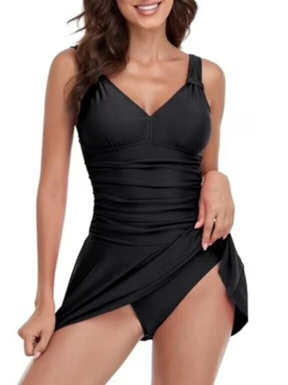 ✨RELLECIGA Swim Dress One Piece Tummy Control Cross Back Ruched L NWT Black